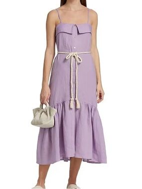Hevron Ember Rope Belted Linen Midi Dress Lilac Lavender Purple Sleeveless S